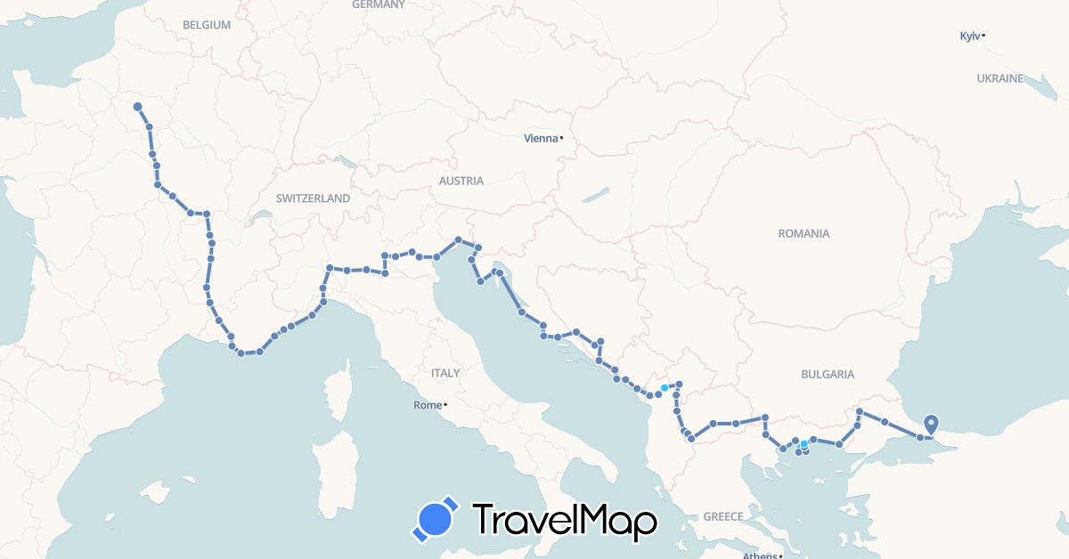 TravelMap itinerary: driving, cycling, boat in Albania, Bosnia and Herzegovina, Bulgaria, France, Greece, Croatia, Italy, Montenegro, Macedonia, Turkey, Kosovo (Asia, Europe)